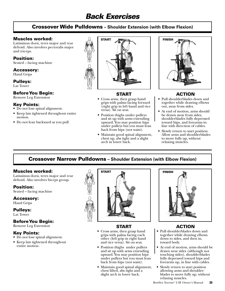 Back exercises, Crossover wide pulldowns, Crossover narrow pulldowns | Bowflex Xtreme 2 SE User Manual | Page 41 / 92