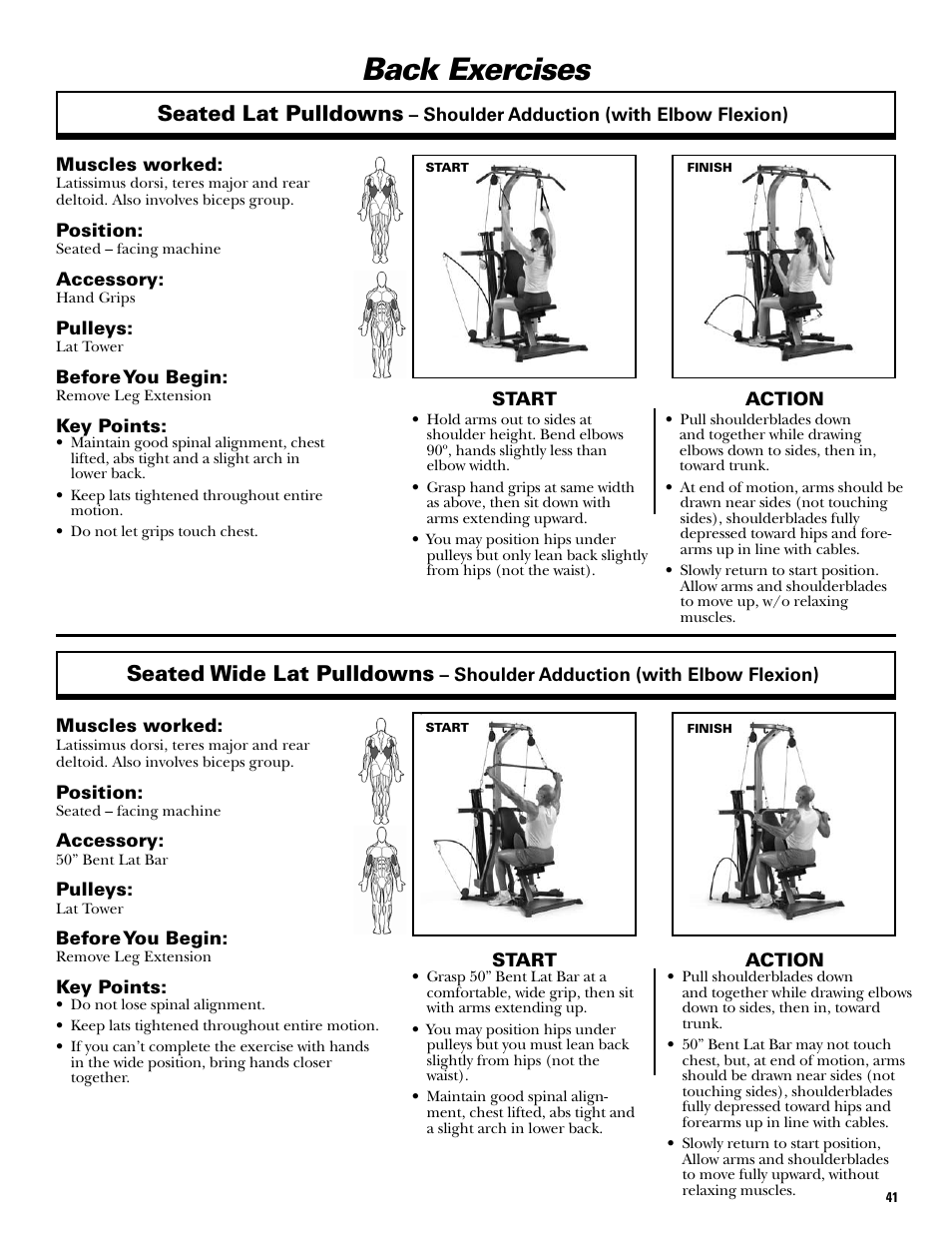 Back exercises, Seated lat pulldowns, Seated wide lat pulldowns | Bowflex Xtreme 2 SE User Manual | Page 43 / 92
