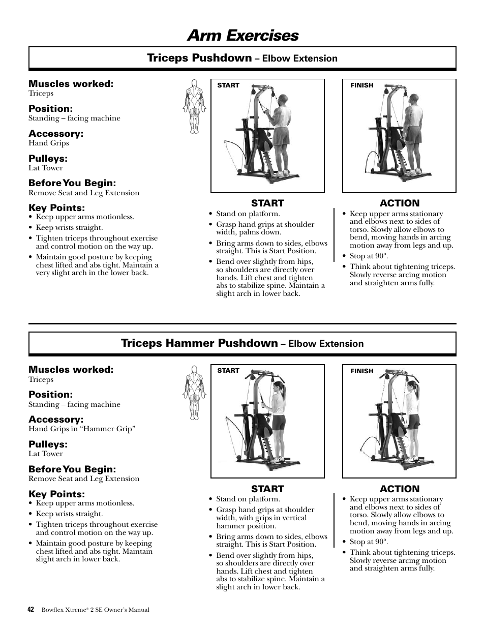 Arm exercises, Triceps pushdown, Triceps hammer pushdown | Bowflex Xtreme 2 SE User Manual | Page 44 / 92