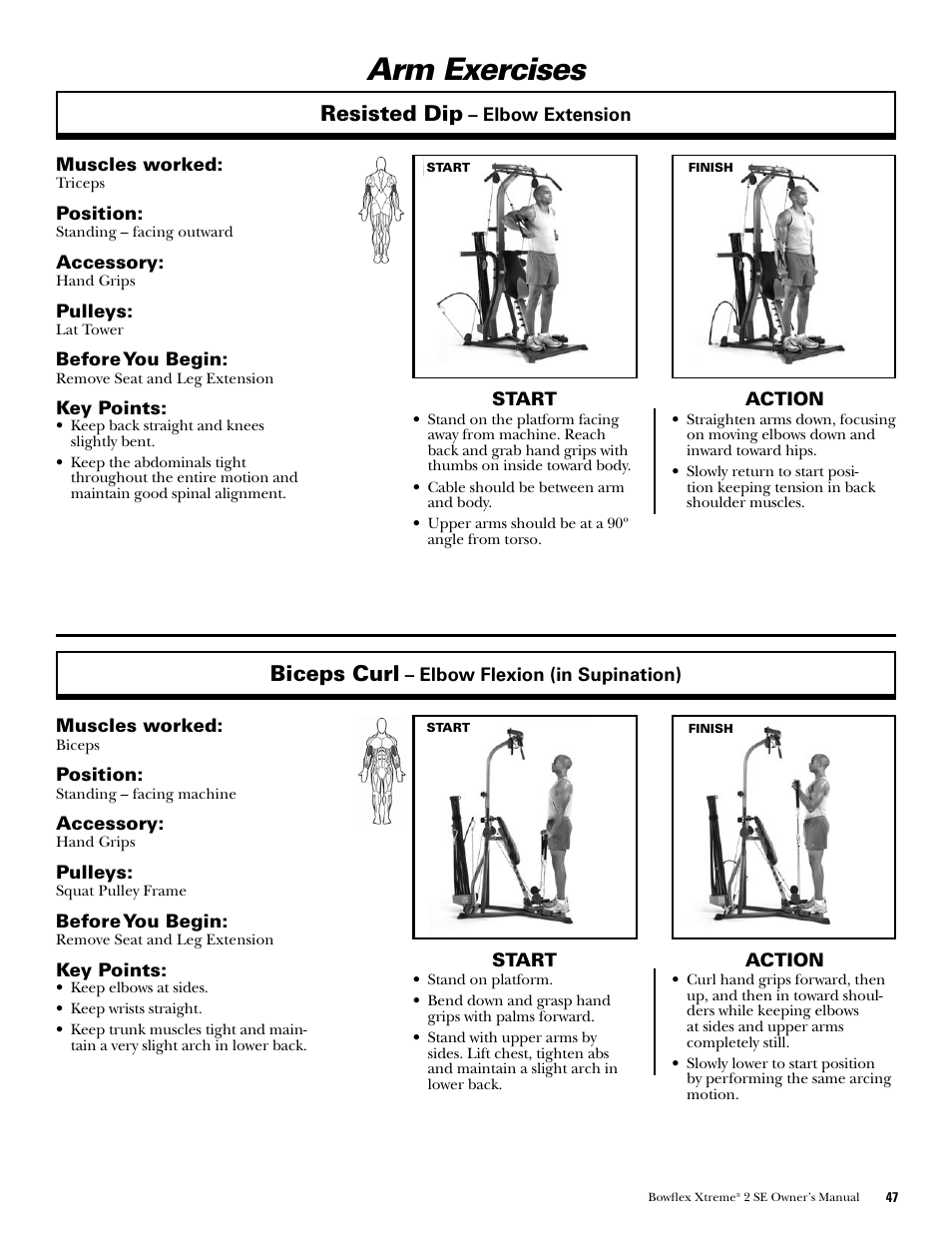 Arm exercises, Resisted dip, Biceps curl | Bowflex Xtreme 2 SE User Manual | Page 49 / 92