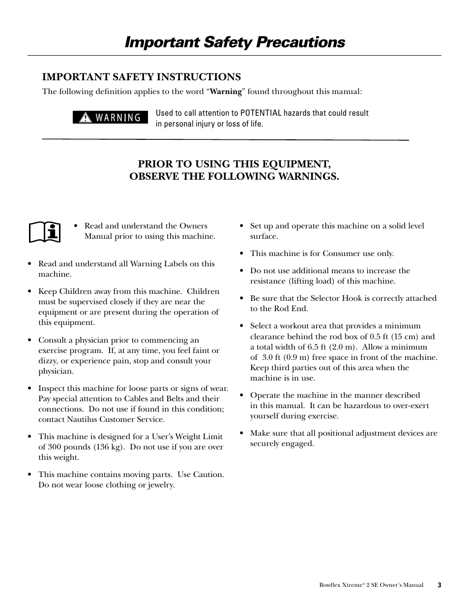 Important safety precautions | Bowflex Xtreme 2 SE User Manual | Page 5 / 92