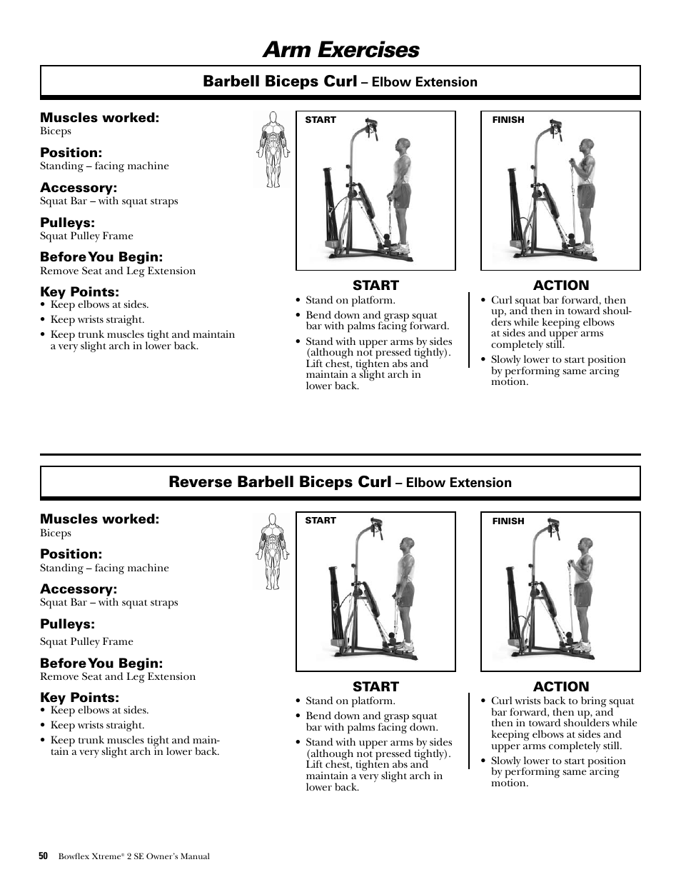 Arm exercises, Barbell biceps curl, Reverse barbell biceps curl | Bowflex Xtreme 2 SE User Manual | Page 52 / 92