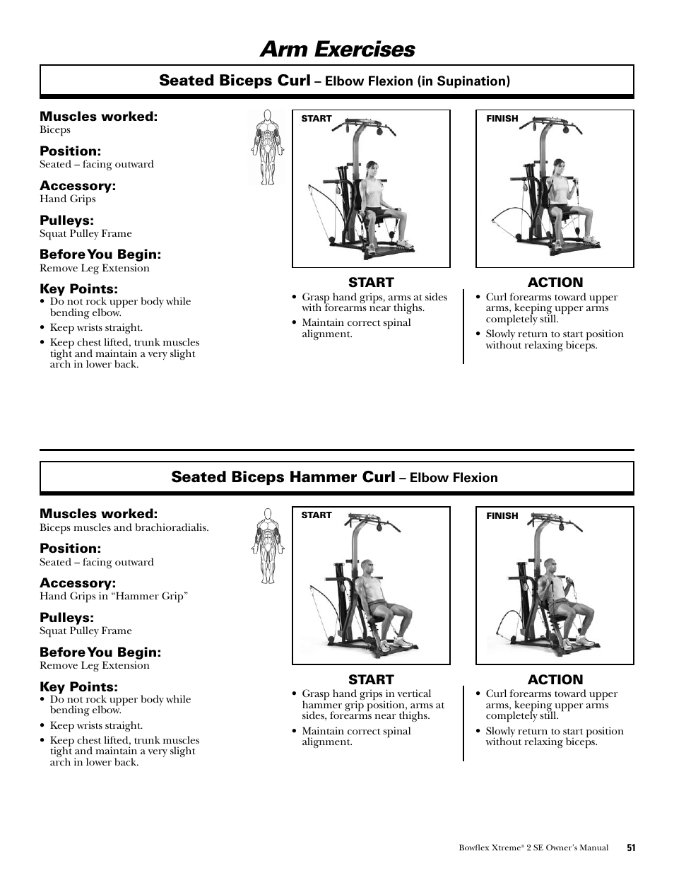 Arm exercises, Seated biceps curl, Seated biceps hammer curl | Bowflex Xtreme 2 SE User Manual | Page 53 / 92