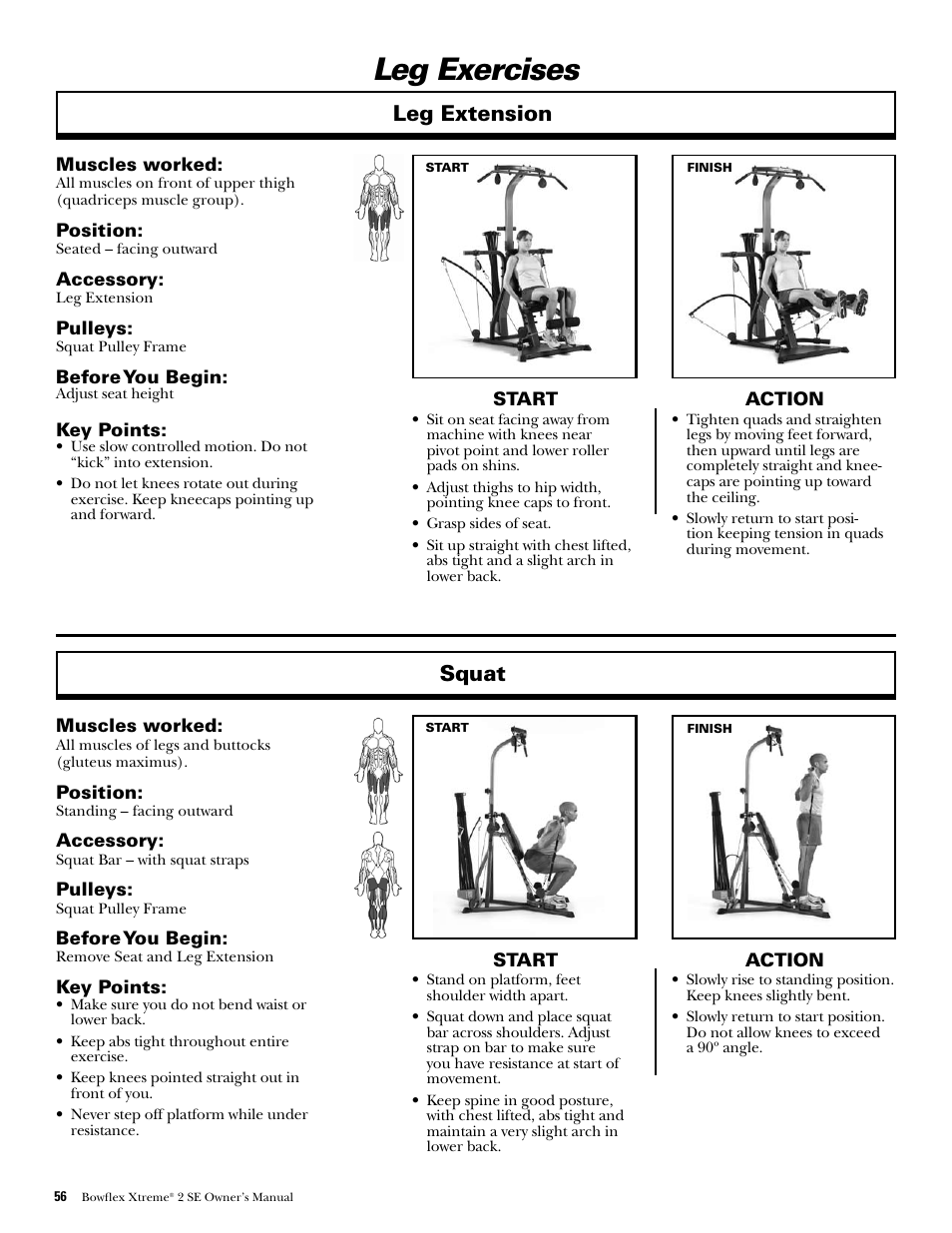 Leg exercises, Leg extension, Squat | Bowflex Xtreme 2 SE User Manual | Page 58 / 92