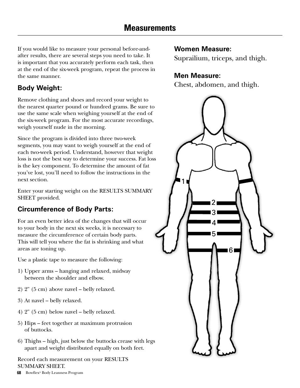 Measurements, Suprailium, triceps, and thigh, Chest, abdomen, and thigh | Bowflex Xtreme 2 SE User Manual | Page 70 / 92