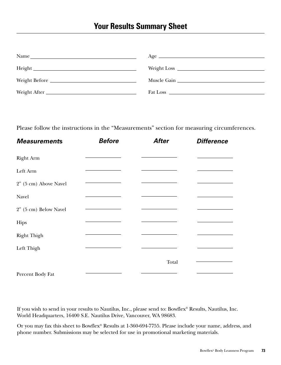 Your results summary sheet, Measurement s, Before after | Difference | Bowflex Xtreme 2 SE User Manual | Page 75 / 92