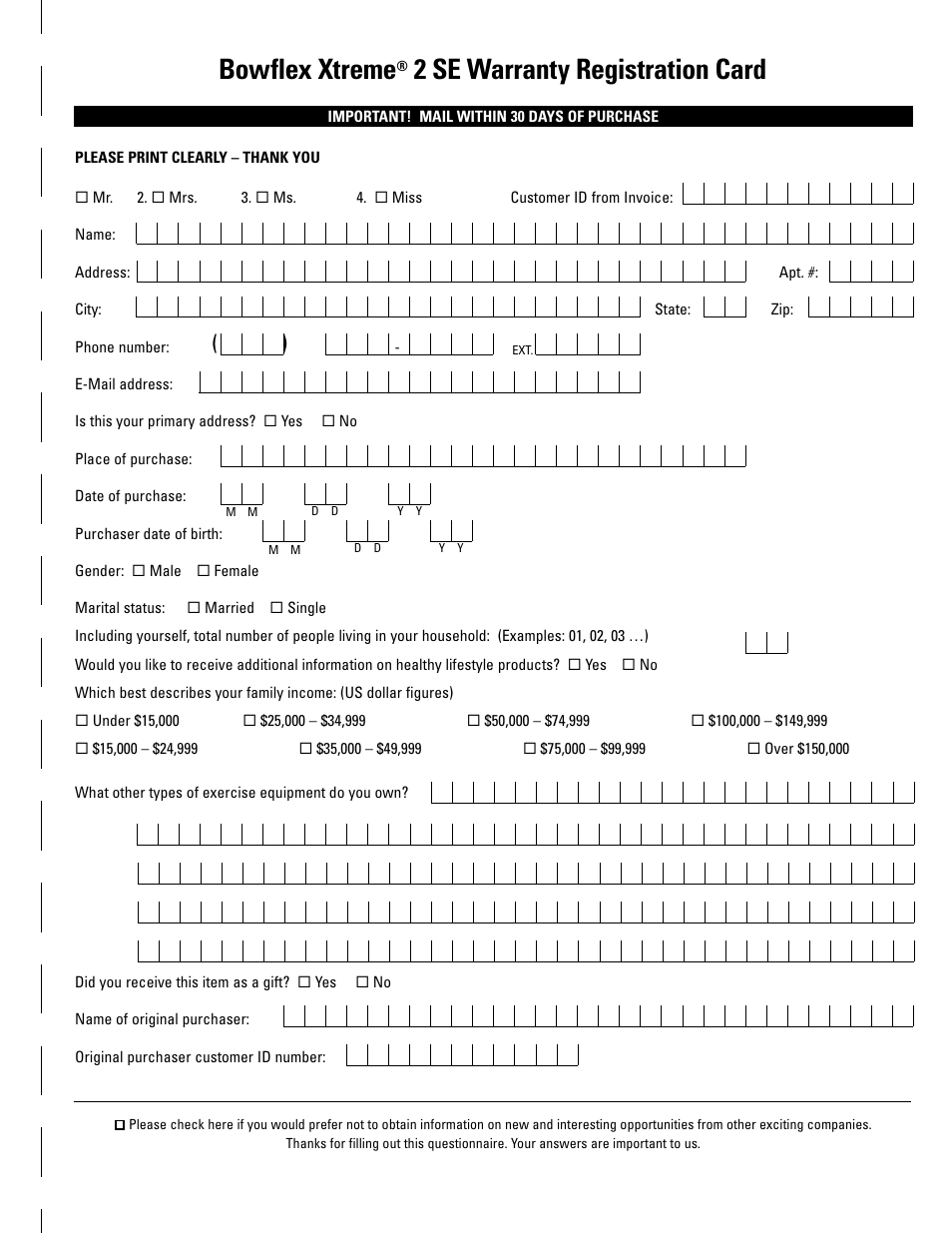 Bowflex xtreme, 2 se warranty registration card | Bowflex Xtreme 2 SE User Manual | Page 89 / 92