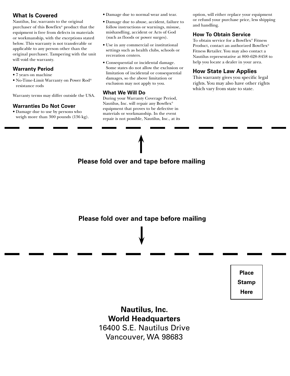 Please fold over and tape before mailing | Bowflex Xtreme 2 SE User Manual | Page 90 / 92