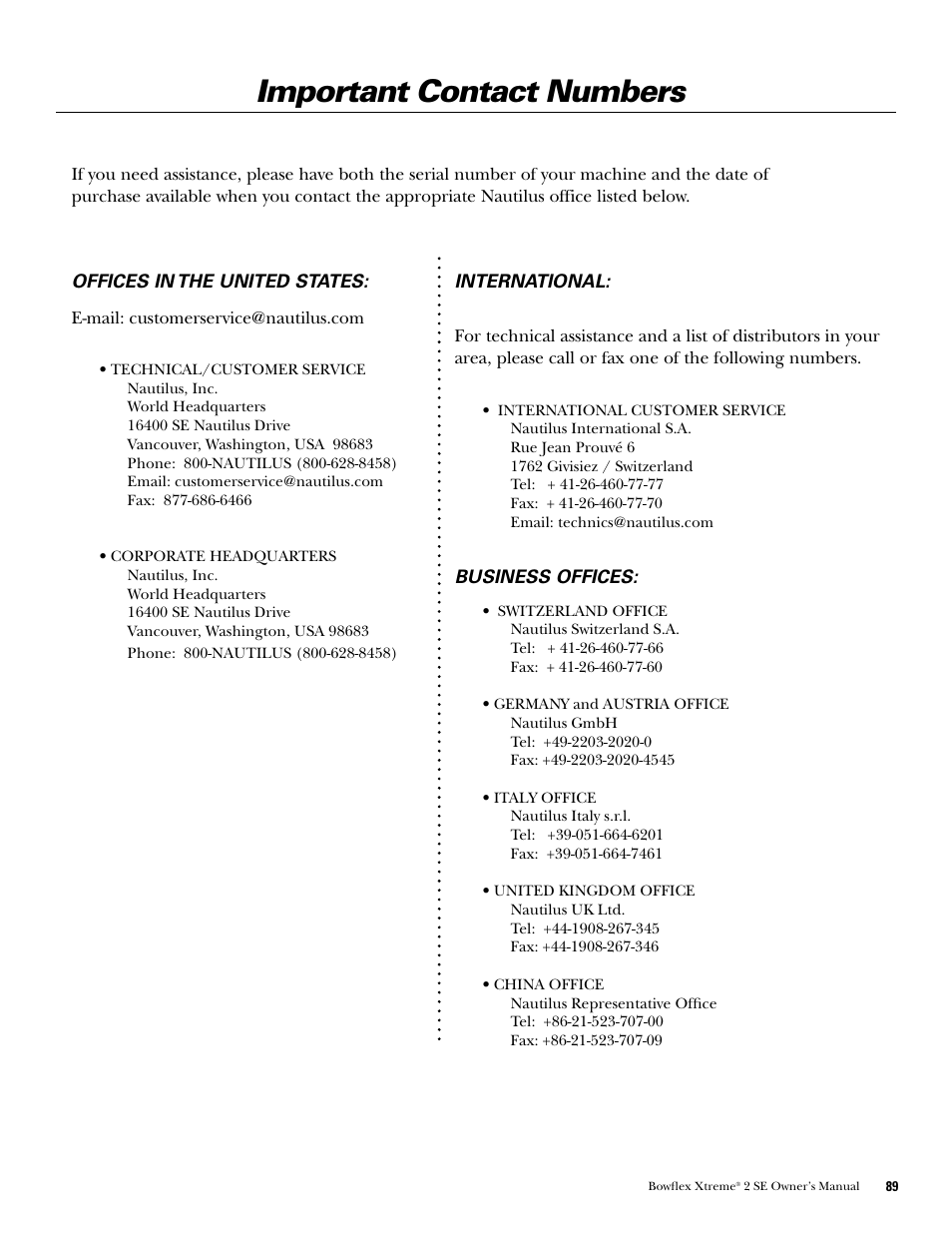 Important contact numbers | Bowflex Xtreme 2 SE User Manual | Page 91 / 92