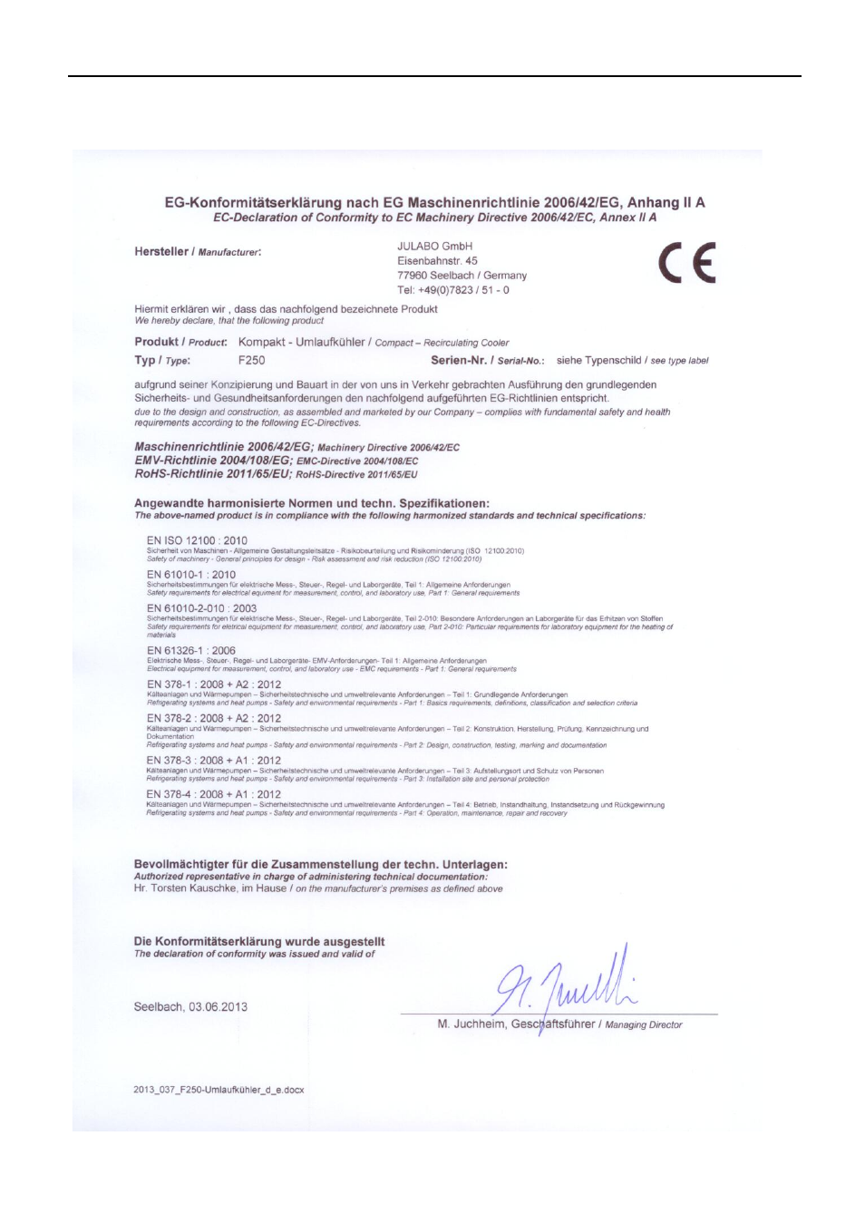 Ec-declaration of conformity, F250 | JULABO F1000 Recirculating Cooler User Manual | Page 33 / 35