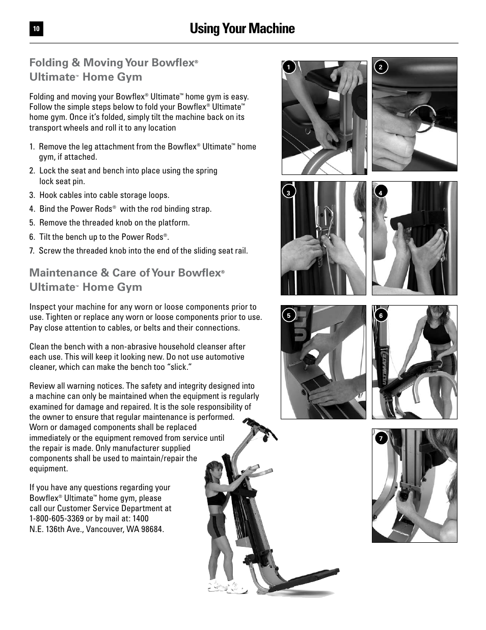 Using your machine, Folding & moving your bowflex, Ultimate | Home gym, Maintenance & care of your bowflex | Bowflex Ultimate User Manual | Page 10 / 110