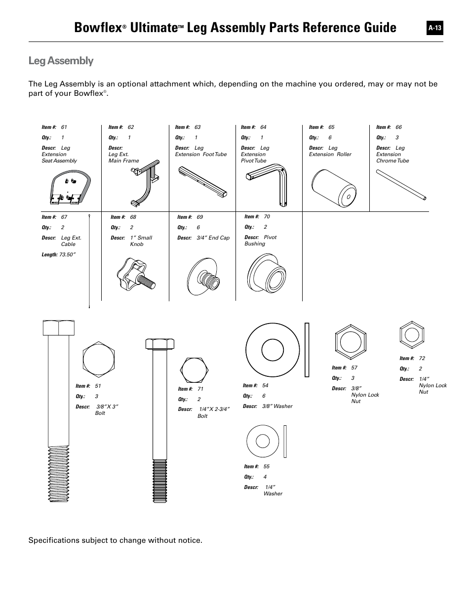 Bowflex, Ultimate, Leg assembly parts reference guide | Leg assembly, Specifications subject to change without notice | Bowflex Ultimate User Manual | Page 101 / 110