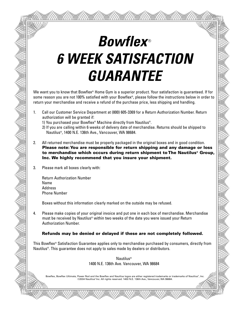 Bowflex, 6 week satisfaction guarantee | Bowflex Ultimate User Manual | Page 106 / 110