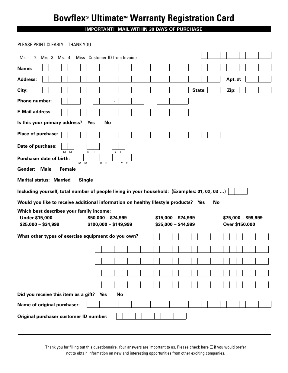 Bowflex, Ultimate, Warranty registration card | Bowflex Ultimate User Manual | Page 107 / 110