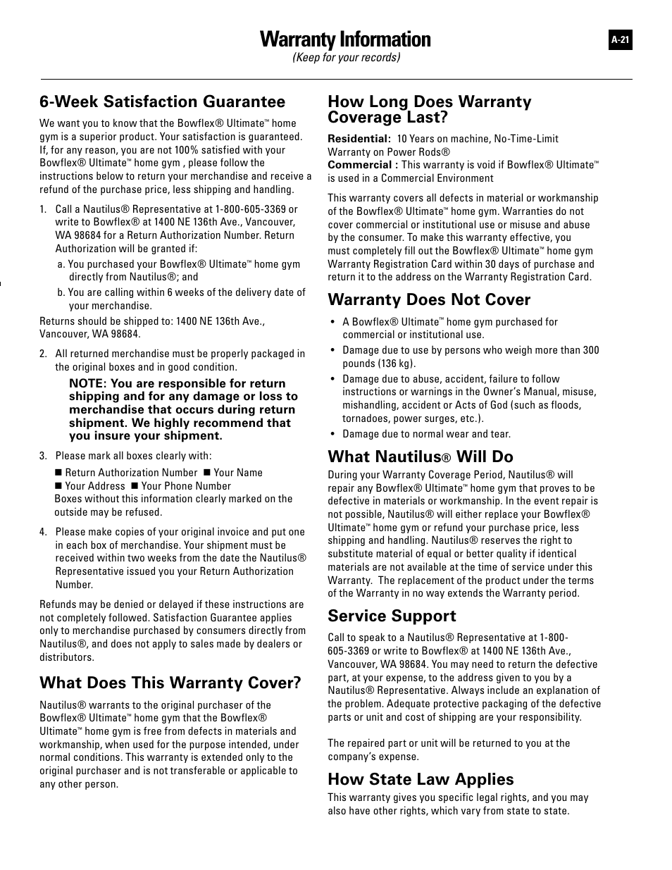 Warranty information, Week satisfaction guarantee, What does this warranty cover | How long does warranty coverage last, Warranty does not cover, What nautilus, Will do, Service support, How state law applies | Bowflex Ultimate User Manual | Page 109 / 110