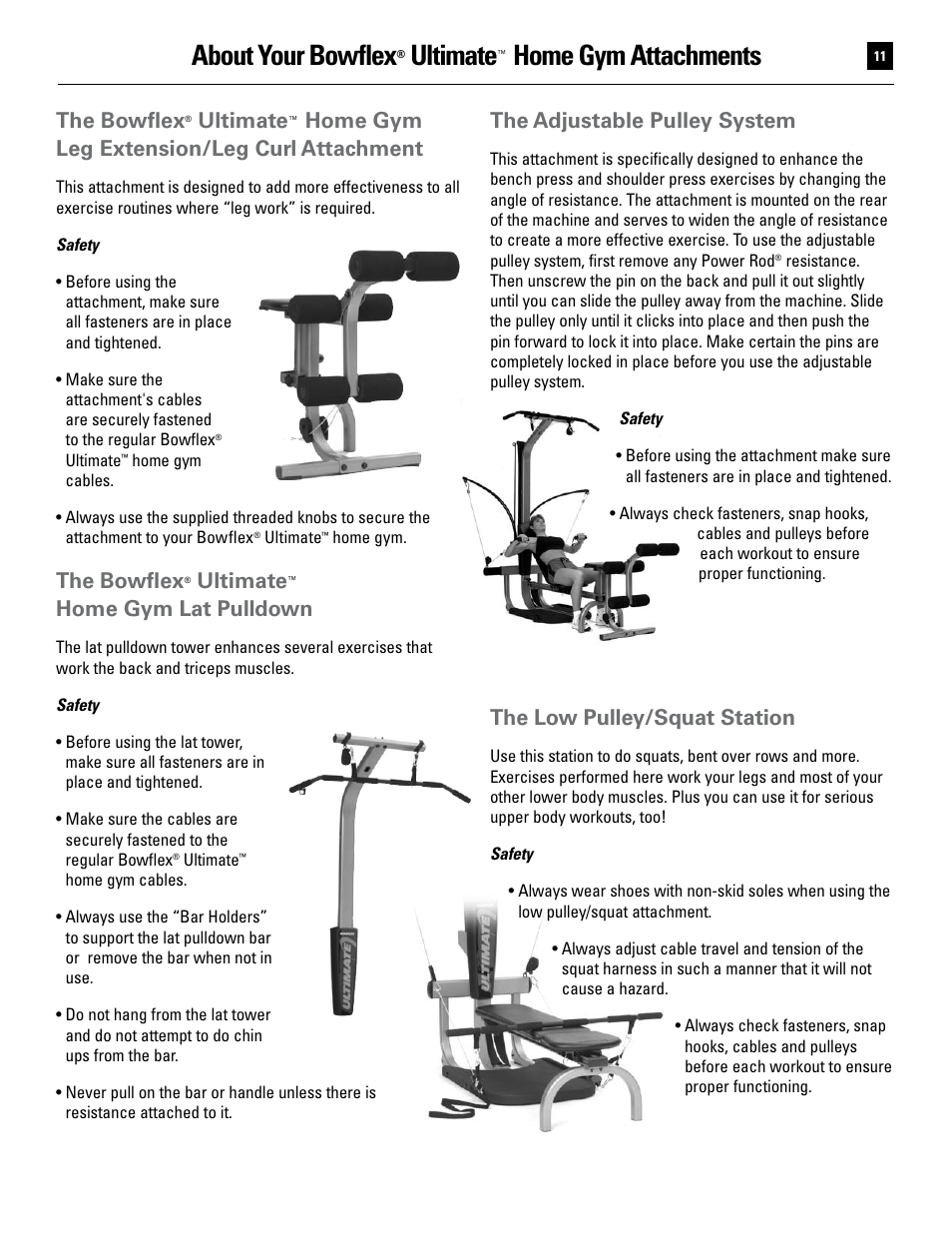 About your bowflex, Home gym attachments, The bowflex | Ultimate, Home gym leg extension/leg curl attachment, Home gym lat pulldown, The adjustable pulley system, The low pulley/squat station | Bowflex Ultimate User Manual | Page 11 / 110