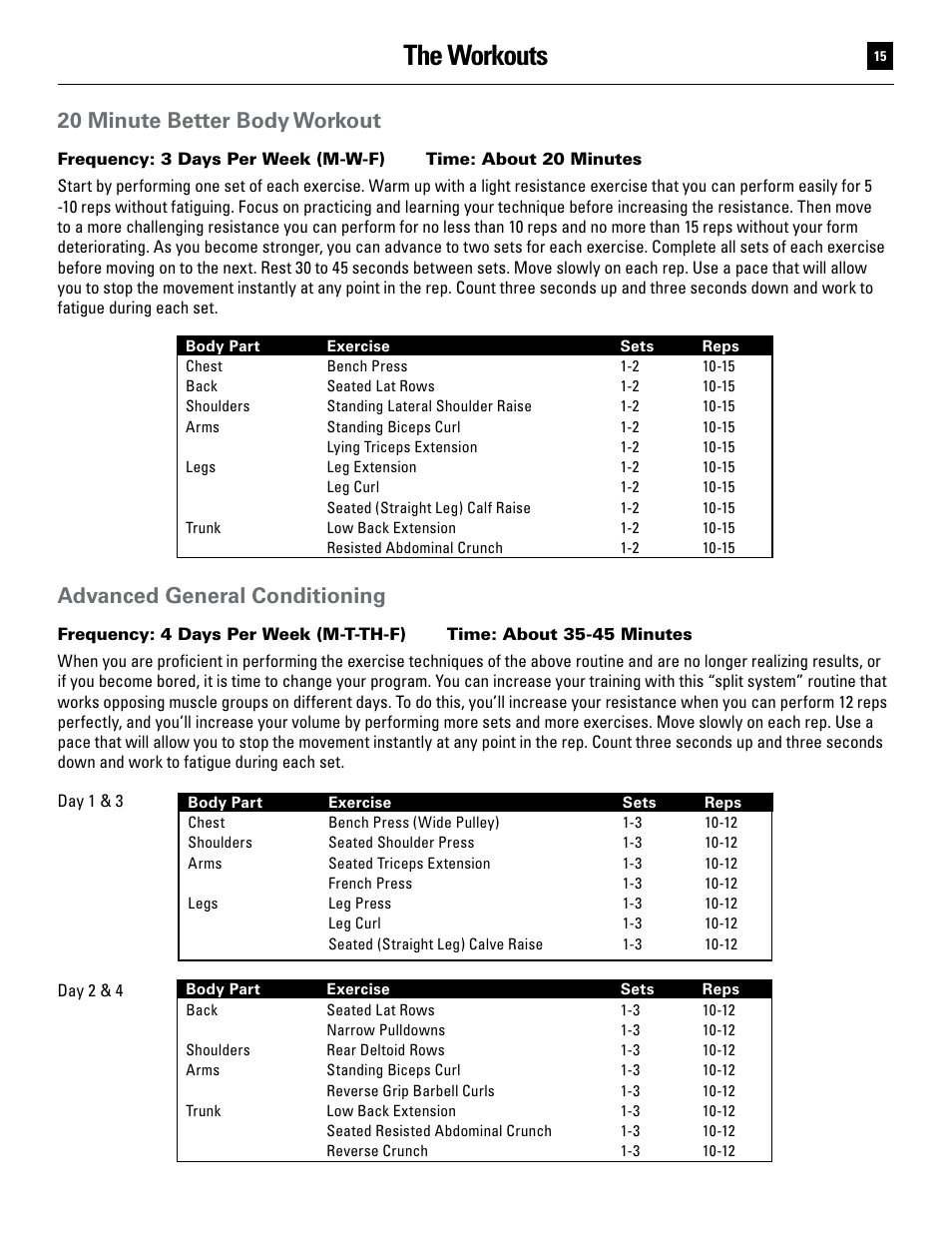 The workouts, 20 minute better body workout, Advanced general conditioning | Bowflex Ultimate User Manual | Page 15 / 110