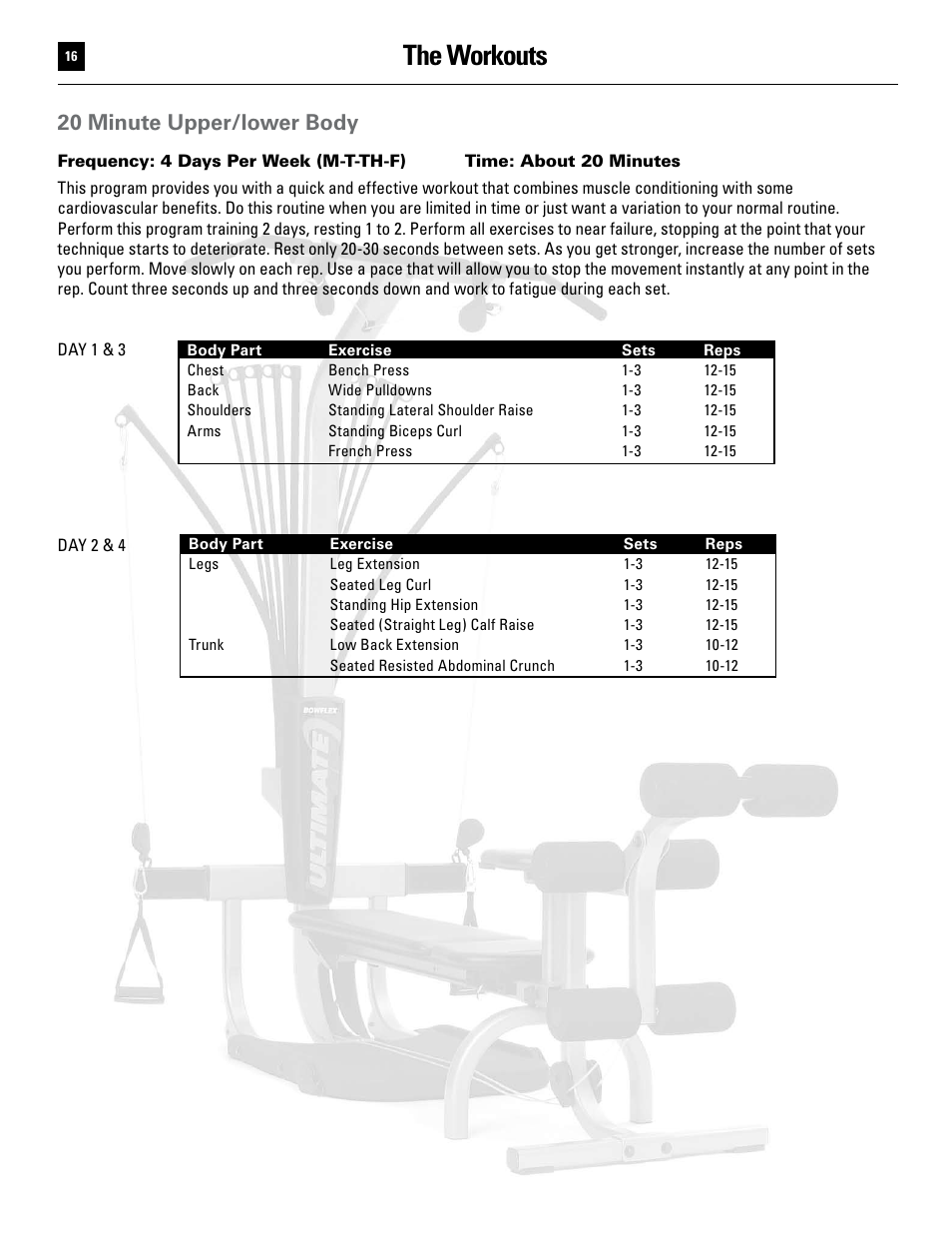 The workouts, 20 minute upper/lower body | Bowflex Ultimate User Manual | Page 16 / 110