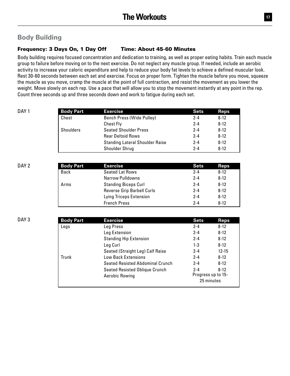 The workouts, Body building | Bowflex Ultimate User Manual | Page 17 / 110