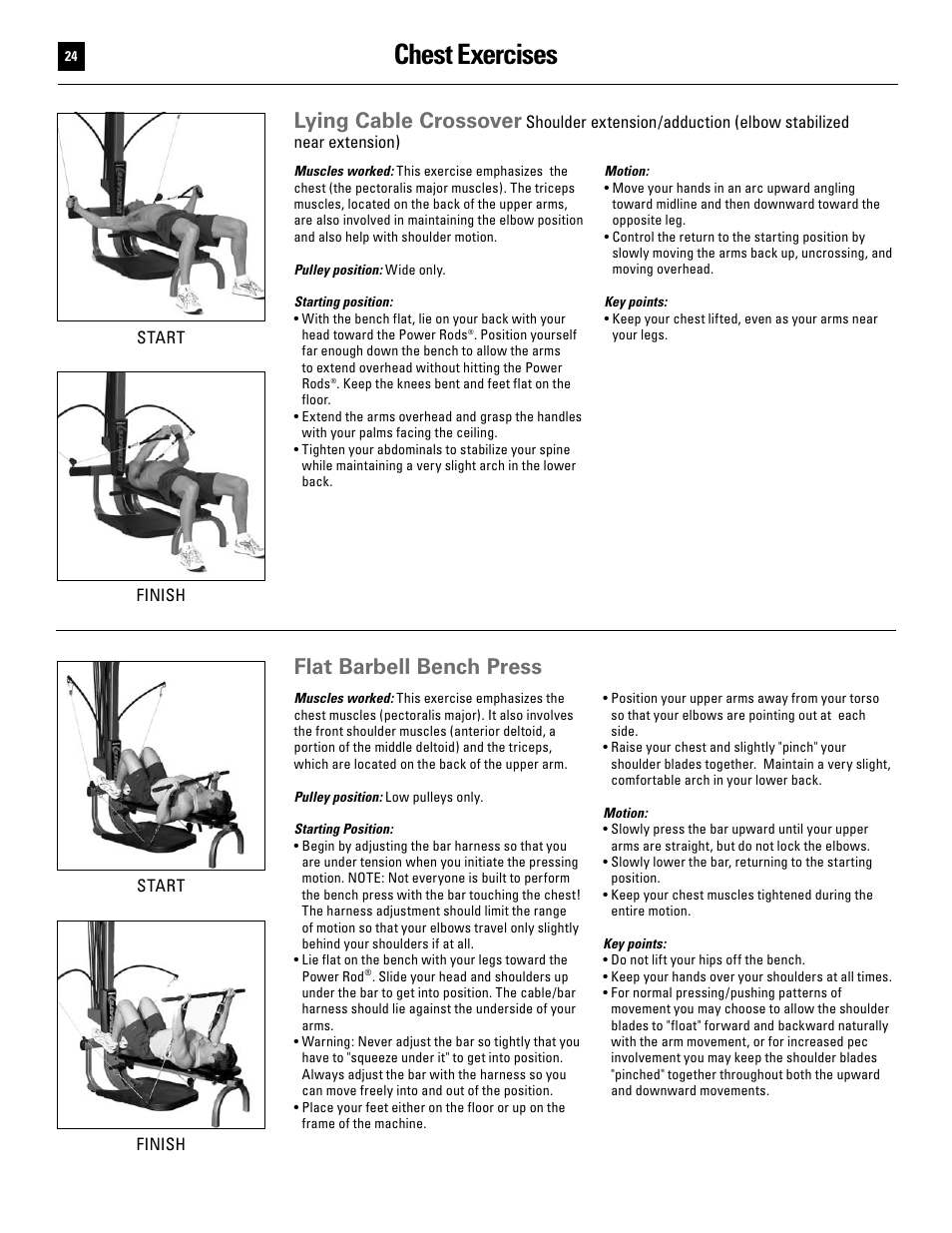 Chest exercises, Lying cable crossover, Flat barbell bench press | Bowflex Ultimate User Manual | Page 24 / 110