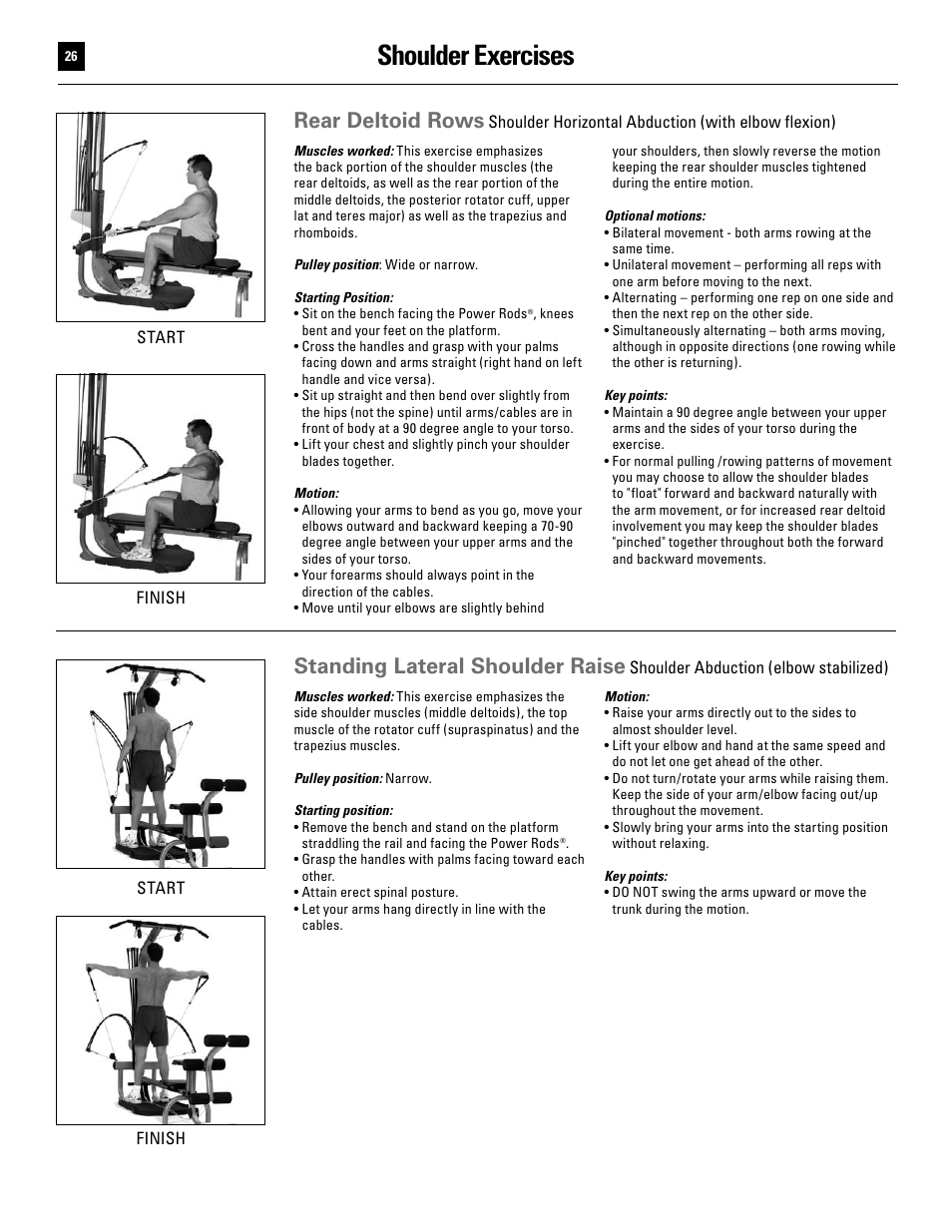 Shoulder exercises, Standing lateral shoulder raise, Rear deltoid rows | Bowflex Ultimate User Manual | Page 26 / 110