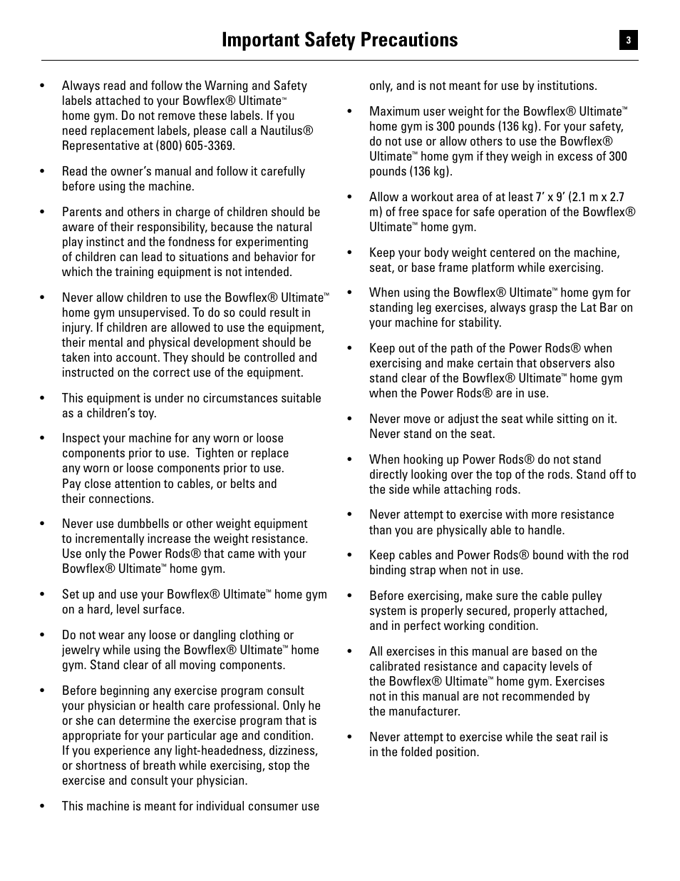 Important safety precautions | Bowflex Ultimate User Manual | Page 3 / 110