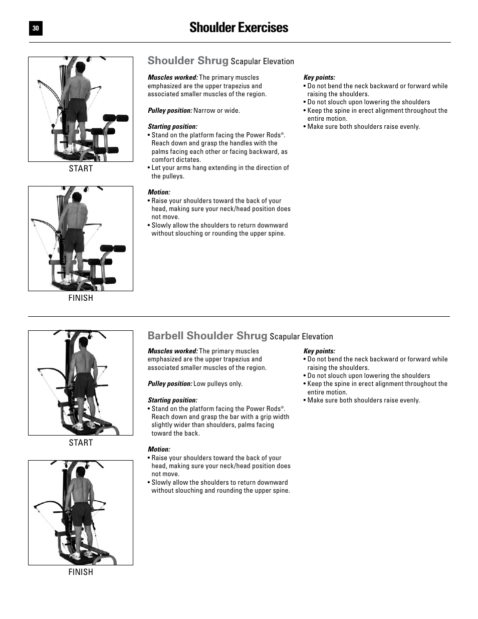 Shoulder exercises, Shoulder shrug, Barbell shoulder shrug | Bowflex Ultimate User Manual | Page 30 / 110