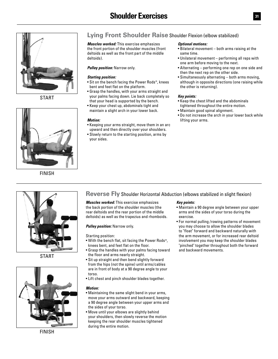 Shoulder exercises, Lying front shoulder raise, Reverse fly | Bowflex Ultimate User Manual | Page 31 / 110