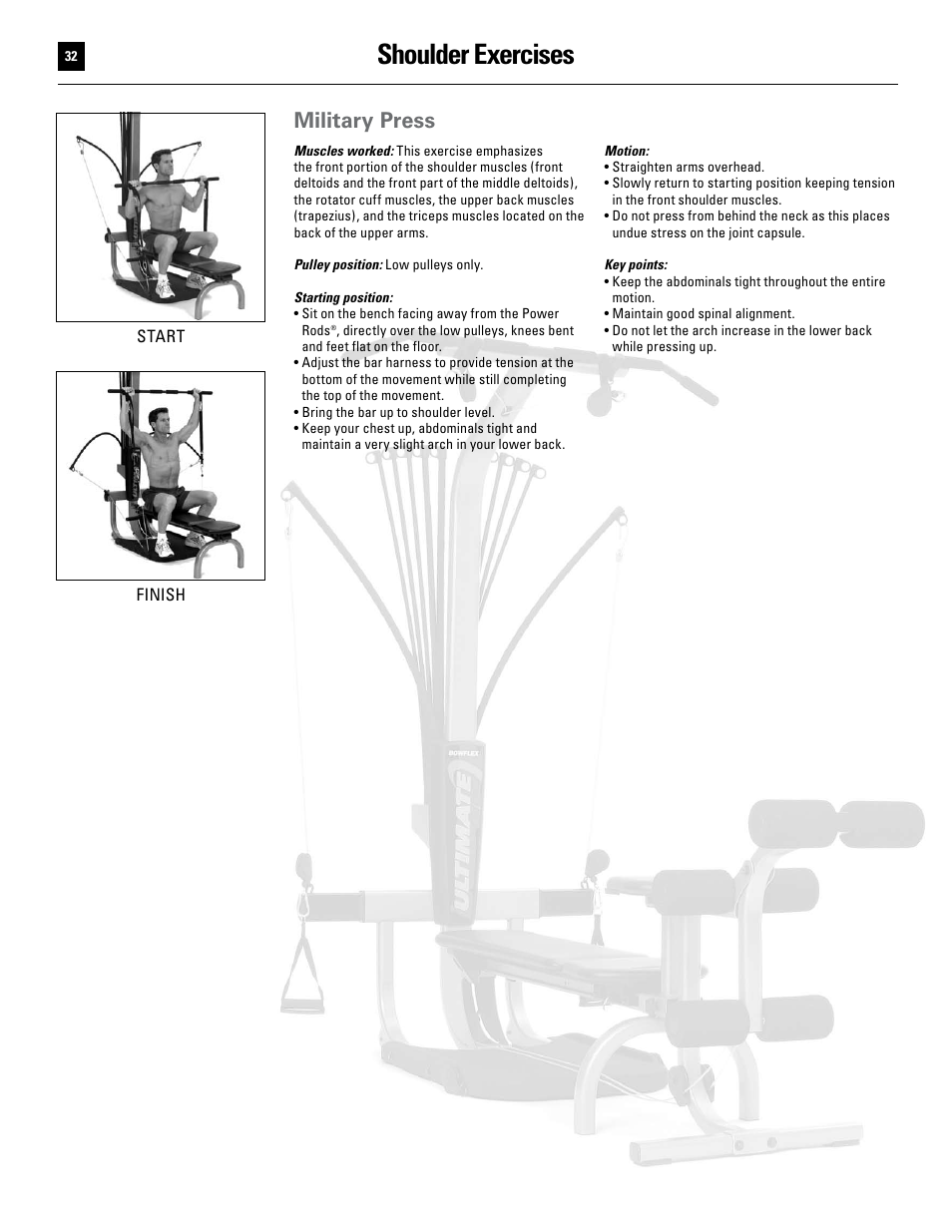 Shoulder exercises, Military press | Bowflex Ultimate User Manual | Page 32 / 110