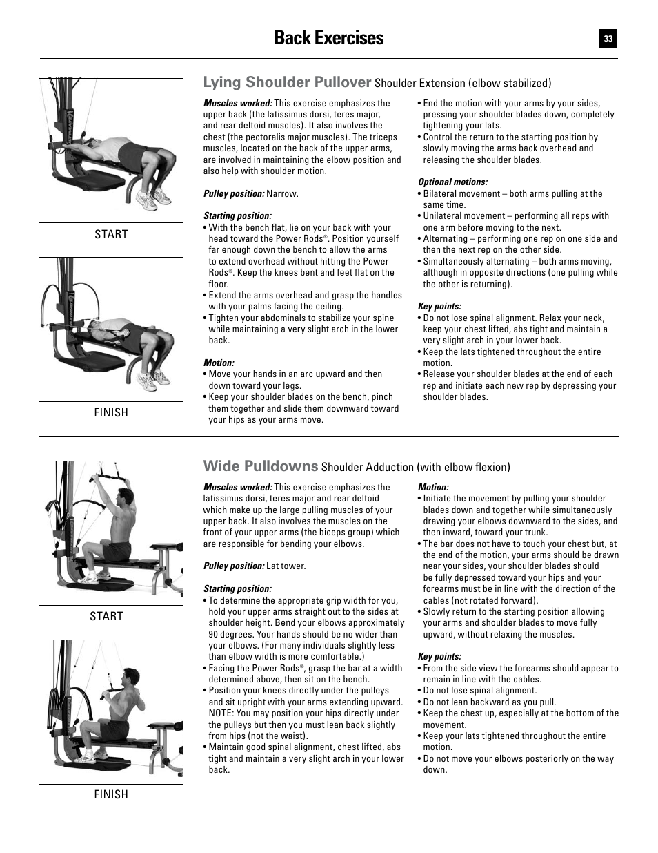 Back exercises, Lying shoulder pullover, Wide pulldowns | Bowflex Ultimate User Manual | Page 33 / 110