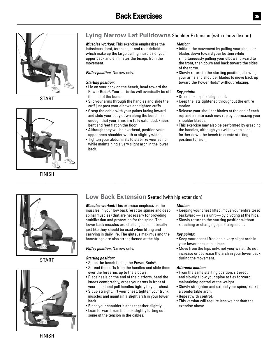 Back exercises, Lying narrow lat pulldowns, Low back extension | Bowflex Ultimate User Manual | Page 35 / 110