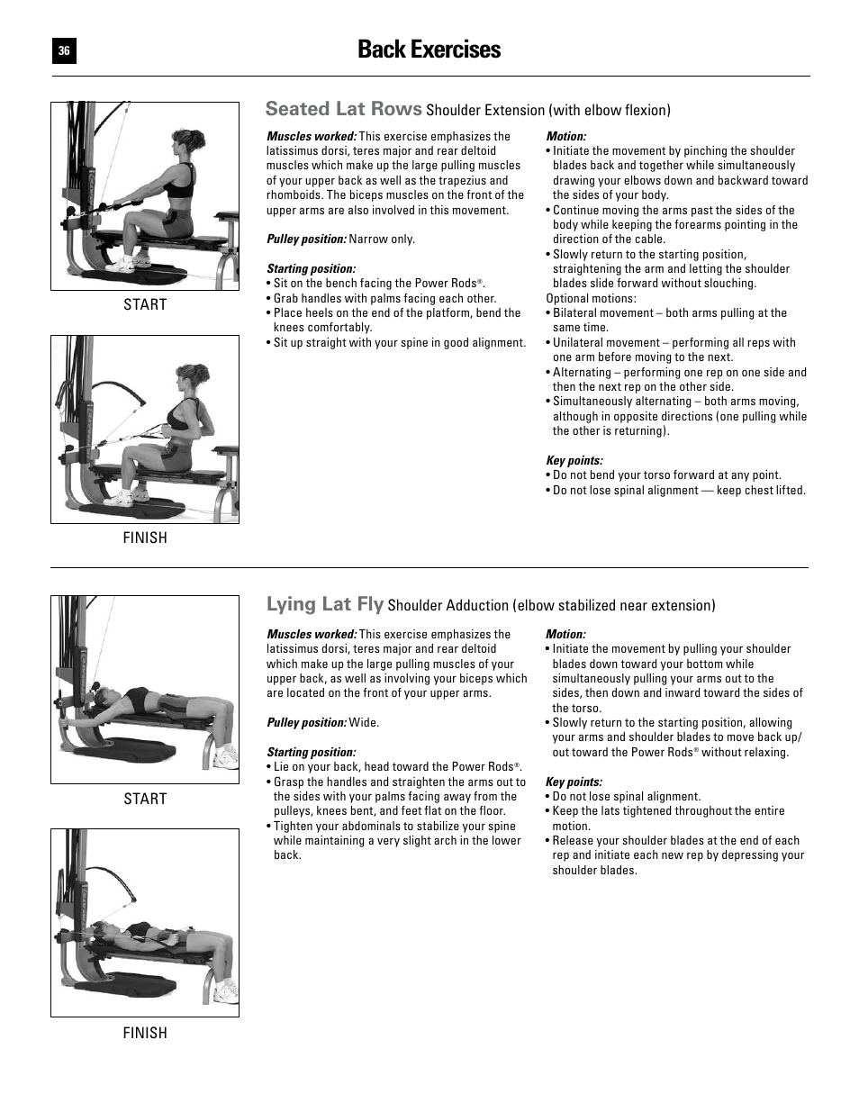 Back exercises, Seated lat rows, Lying lat fly | Bowflex Ultimate User Manual | Page 36 / 110