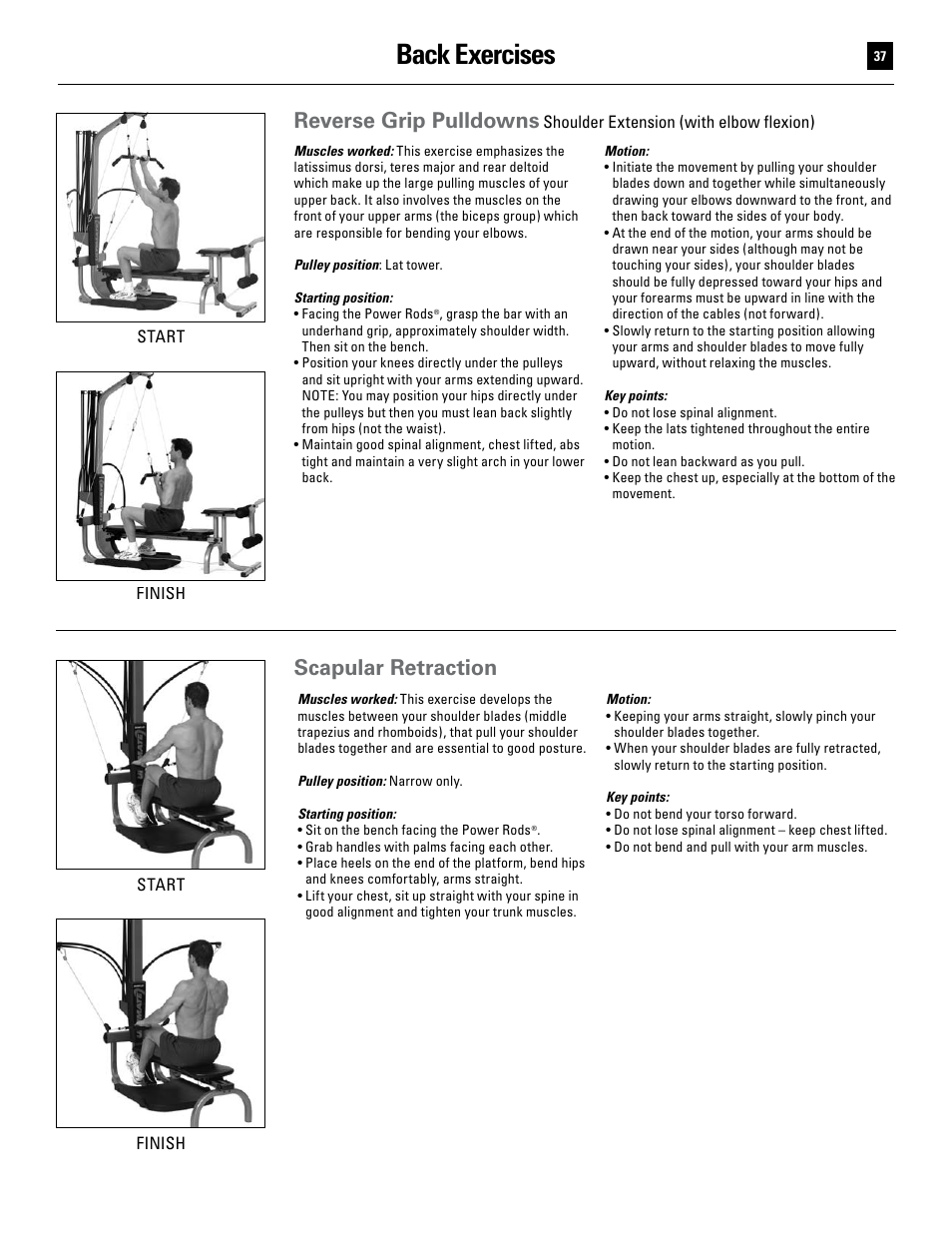 Back exercises, Reverse grip pulldowns, Scapular retraction | Bowflex Ultimate User Manual | Page 37 / 110