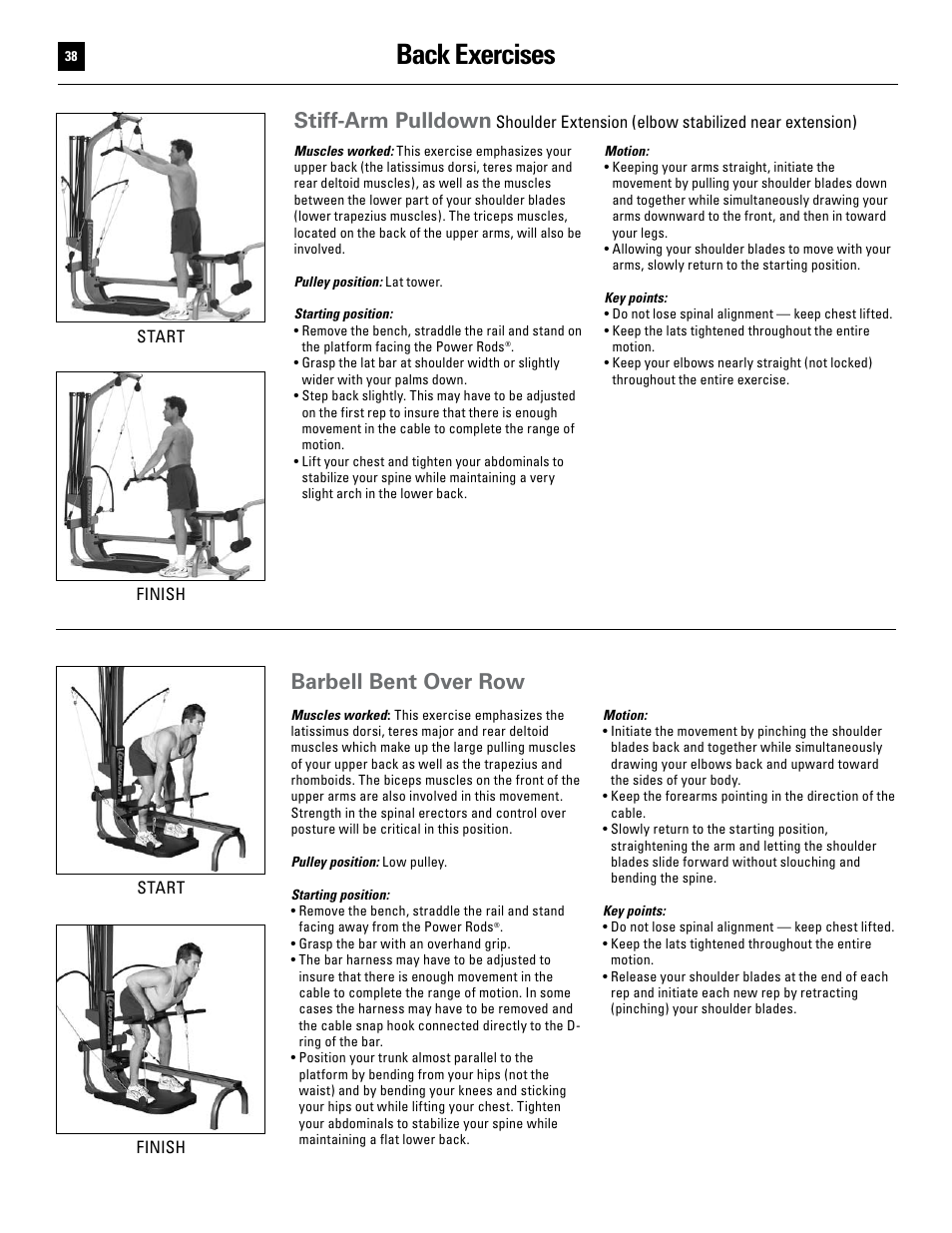 Back exercises, Stiff-arm pulldown, Barbell bent over row | Bowflex Ultimate User Manual | Page 38 / 110