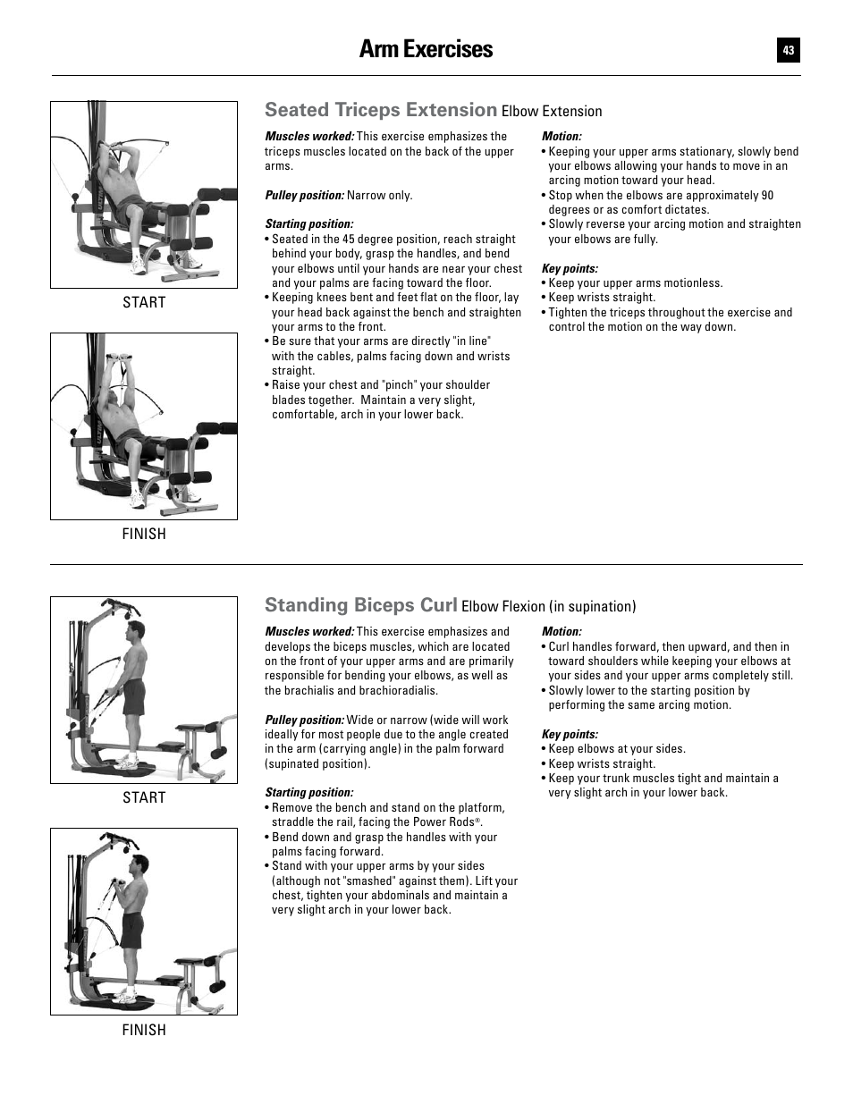 Arm exercises, Seated triceps extension, Standing biceps curl | Bowflex Ultimate User Manual | Page 43 / 110