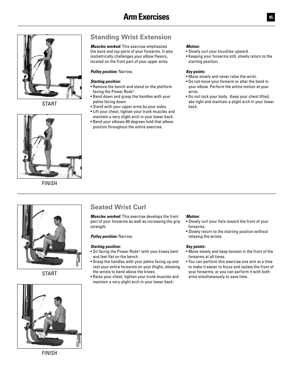 Arm exercises, Standing wrist extension, Seated wrist curl | Bowflex Ultimate User Manual | Page 45 / 110