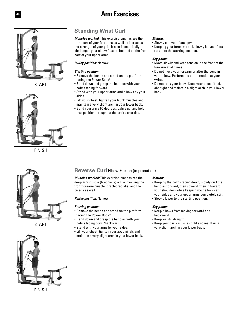 Arm exercises, Standing wrist curl, Reverse curl | Bowflex Ultimate User Manual | Page 46 / 110