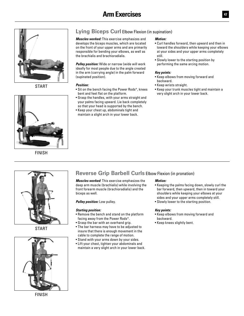Arm exercises, Lying biceps curl, Reverse grip barbell curls | Bowflex Ultimate User Manual | Page 47 / 110
