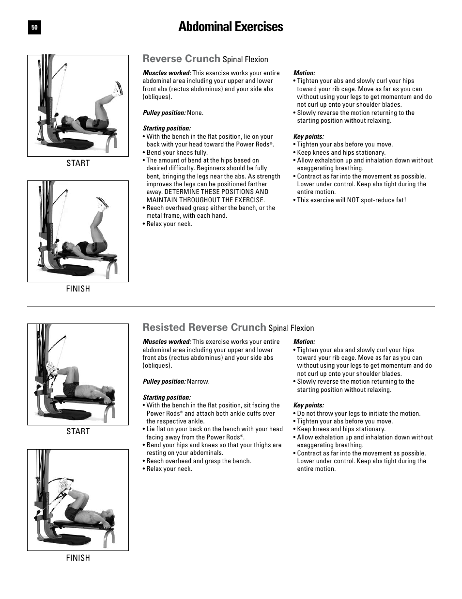 Abdominal exercises, Reverse crunch, Resisted reverse crunch | Bowflex Ultimate User Manual | Page 50 / 110