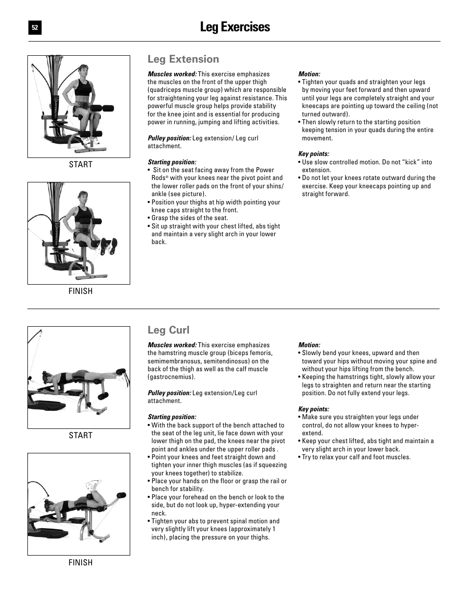Leg exercises, Leg extension, Leg curl | Bowflex Ultimate User Manual | Page 52 / 110