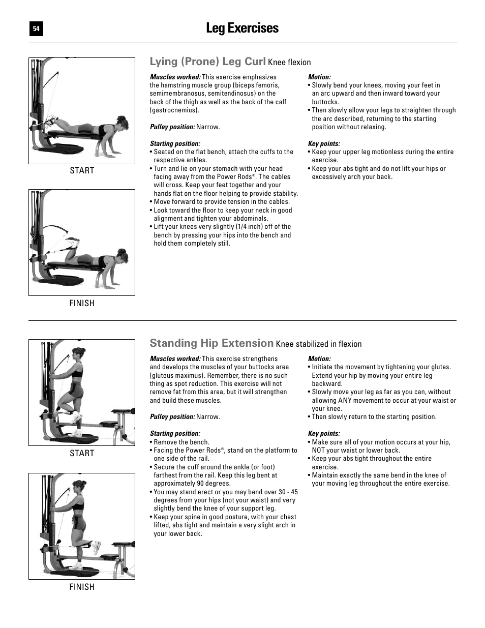 Leg exercises, Lying (prone) leg curl, Standing hip extension | Bowflex Ultimate User Manual | Page 54 / 110