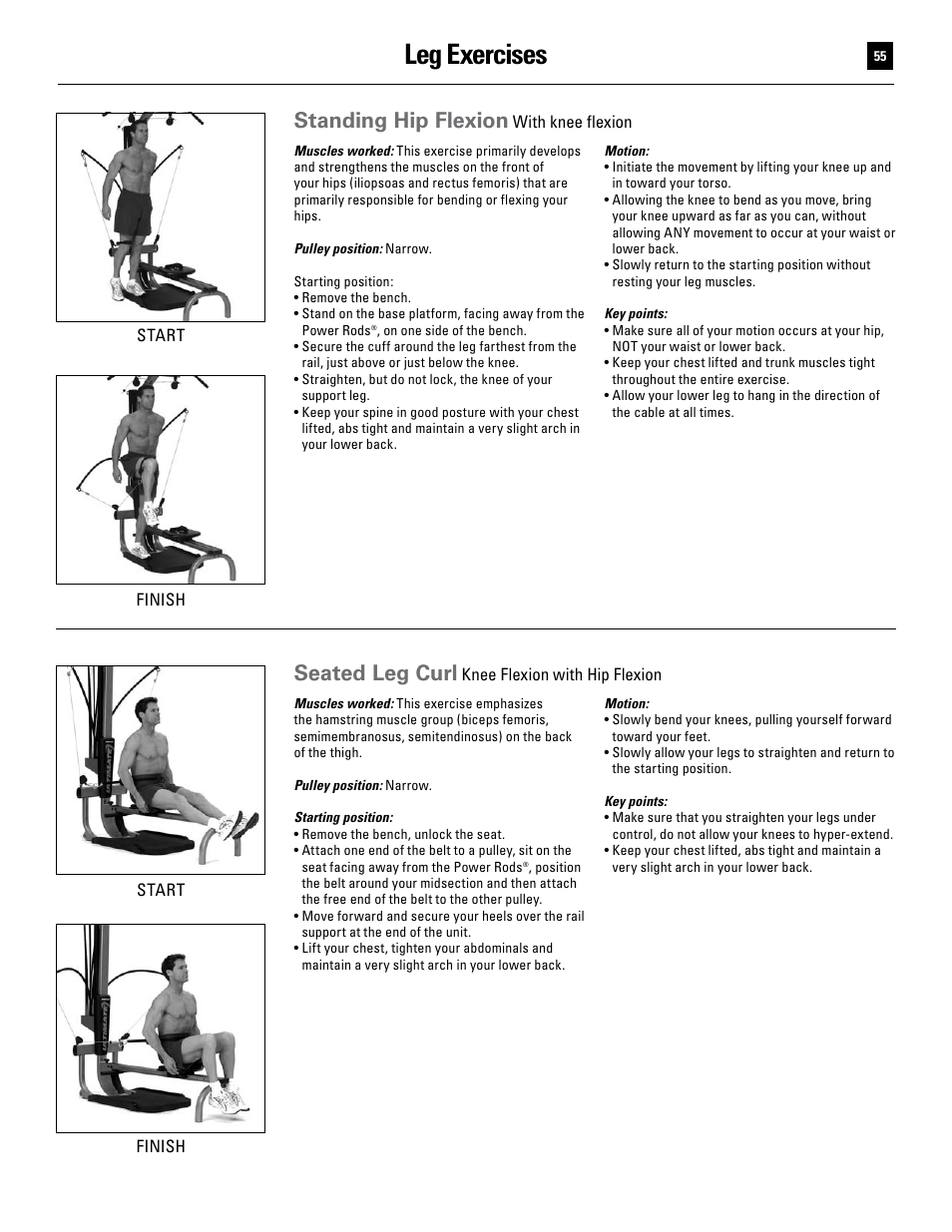 Leg exercises, Standing hip flexion, Seated leg curl | Bowflex Ultimate User Manual | Page 55 / 110