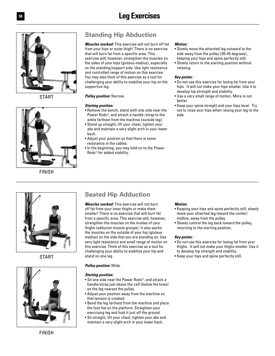 Leg exercises, Standing hip abduction, Seated hip adduction | Bowflex Ultimate User Manual | Page 58 / 110