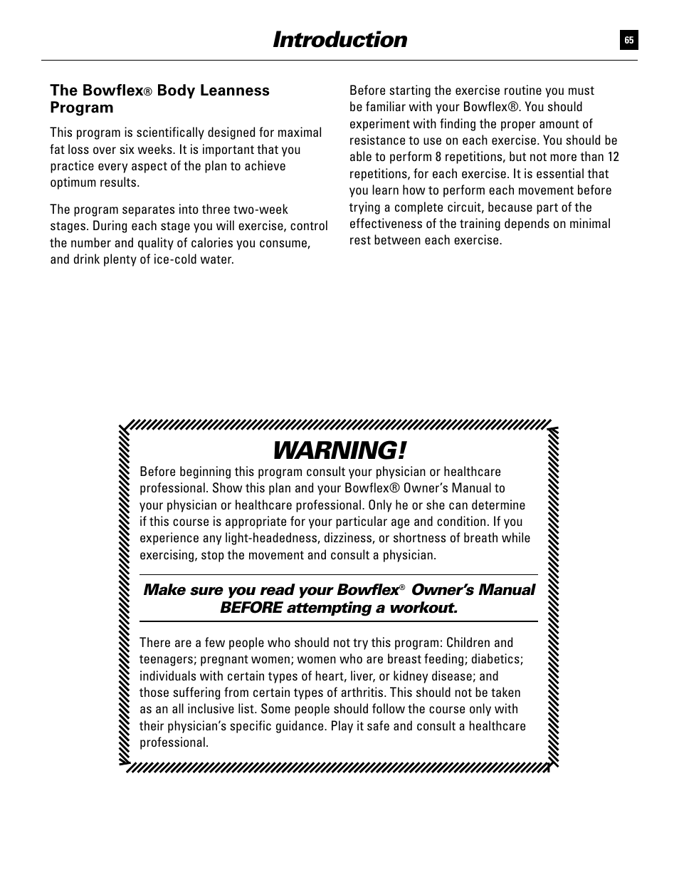 Warning, Introduction | Bowflex Ultimate User Manual | Page 65 / 110