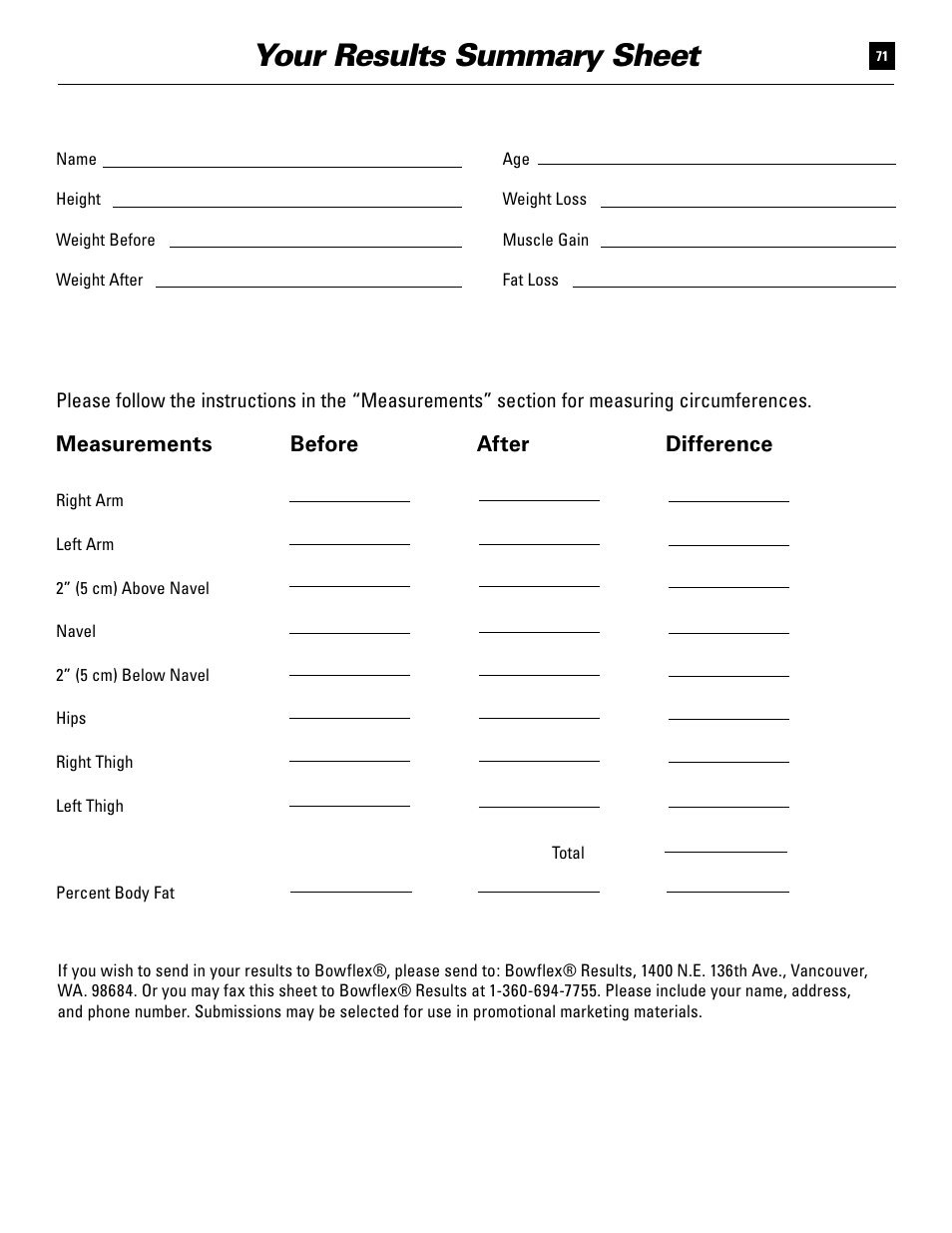 Your results summary sheet | Bowflex Ultimate User Manual | Page 71 / 110