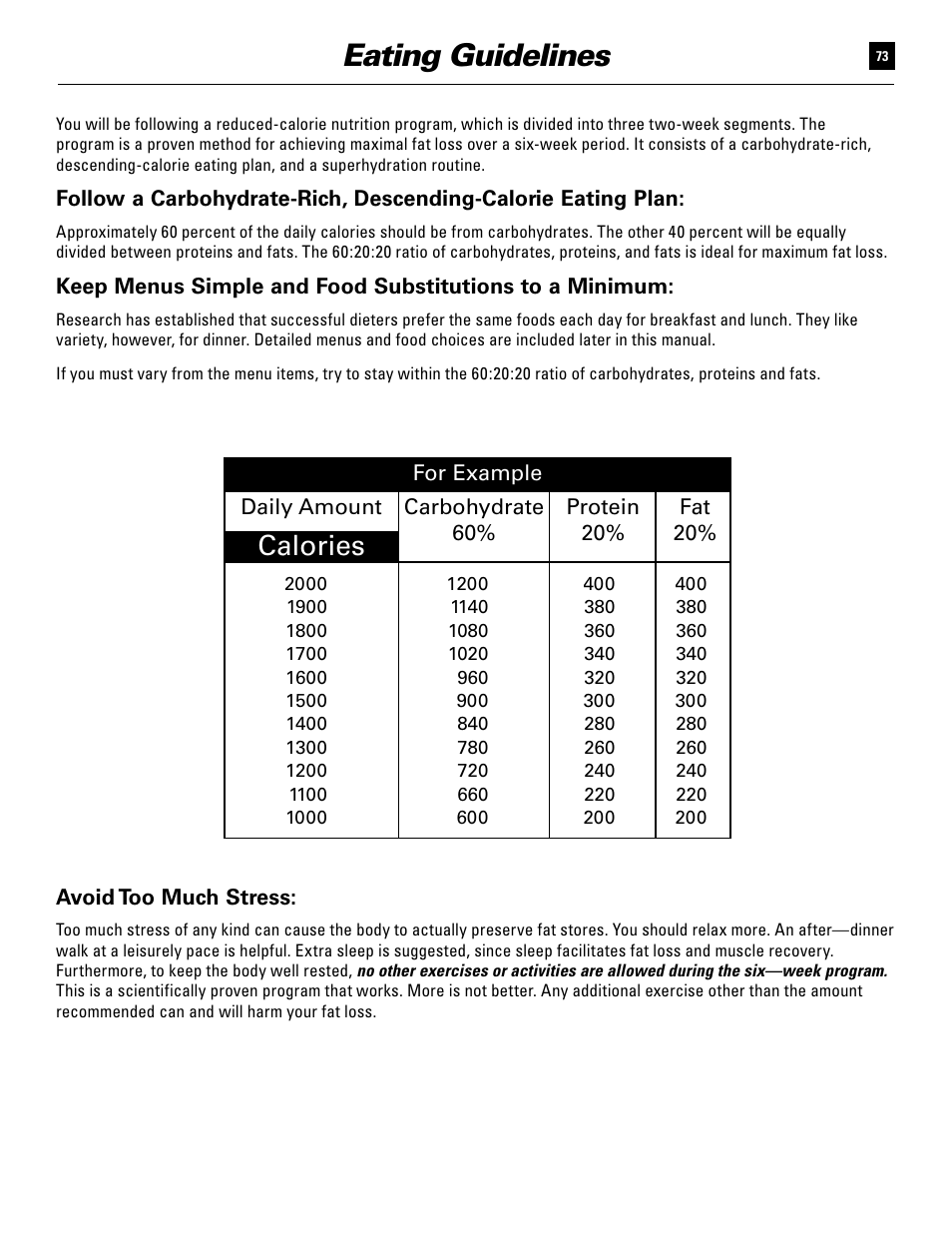 Eating guidelines, Calories | Bowflex Ultimate User Manual | Page 73 / 110