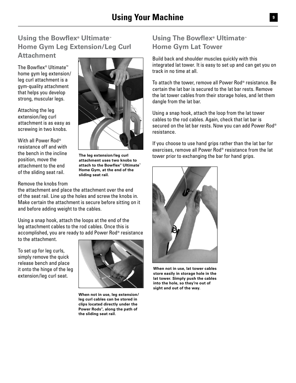 Using your machine, Using the bowflex, Ultimate | Home gym leg extension/leg curl attachment, Home gym lat tower | Bowflex Ultimate User Manual | Page 9 / 110