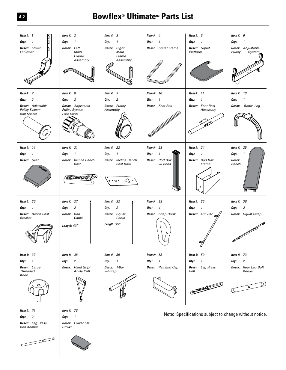 Bowflex, Ultimate, Parts list | Bowflex Ultimate User Manual | Page 90 / 110