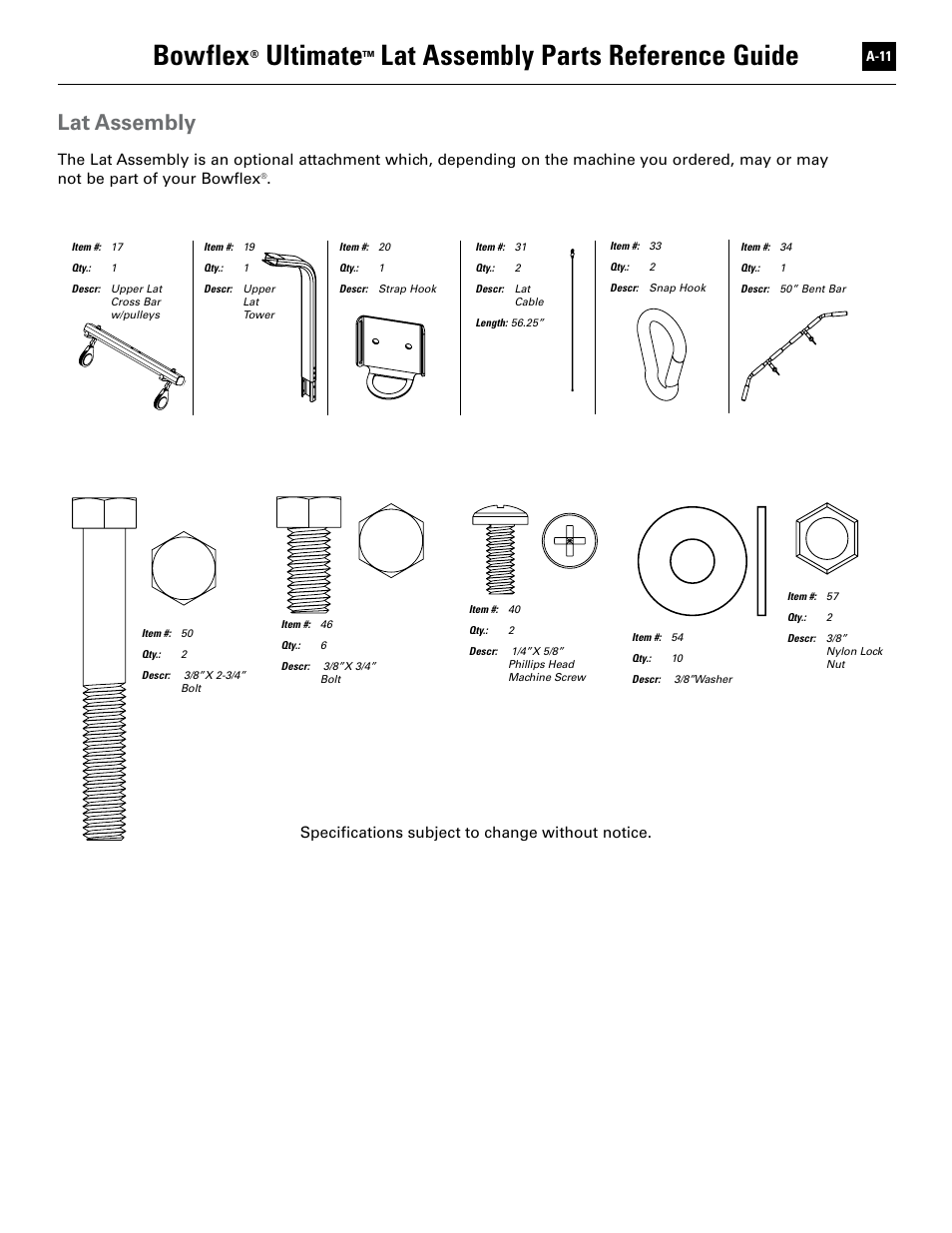 Bowflex, Ultimate, Lat assembly parts reference guide | Lat assembly, Specifications subject to change without notice | Bowflex Ultimate User Manual | Page 99 / 110