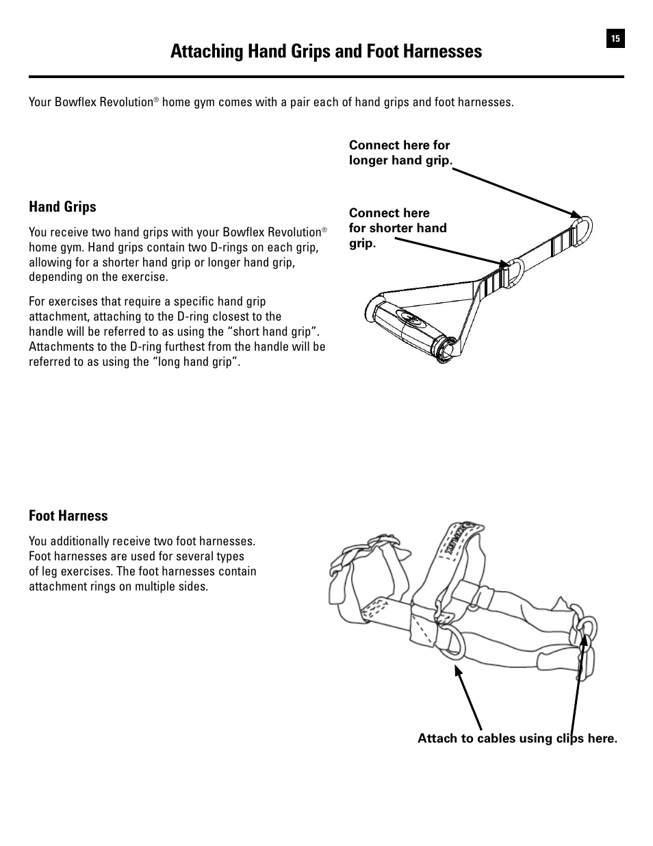Attaching hand grips and foot harnesses | Bowflex Revolution User Manual | Page 17 / 88